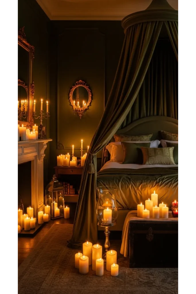 Dark Green Moody Bedroom: 23 Cozy Luxe Ideas 21 Candlelit Green Bedroom