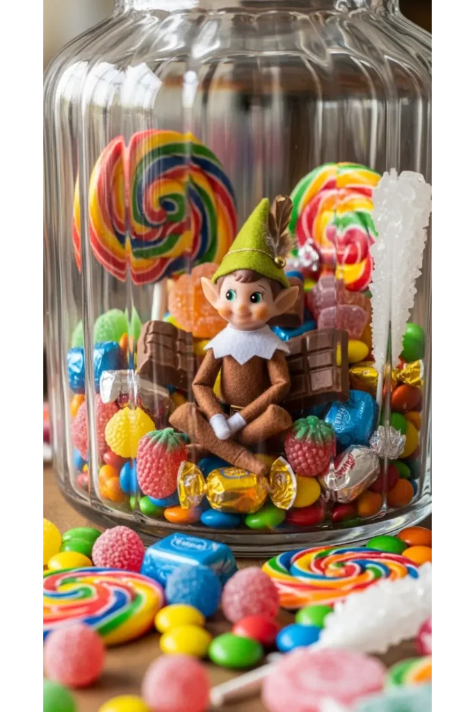 25 Funny Elf on the Shelf Ideas for Busy Parents 4 Candy Jar Sneak