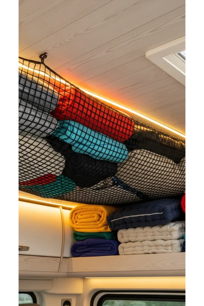 Campervan Interior 23: Max Space & Cozy Travel 18 Ceiling Net Storage