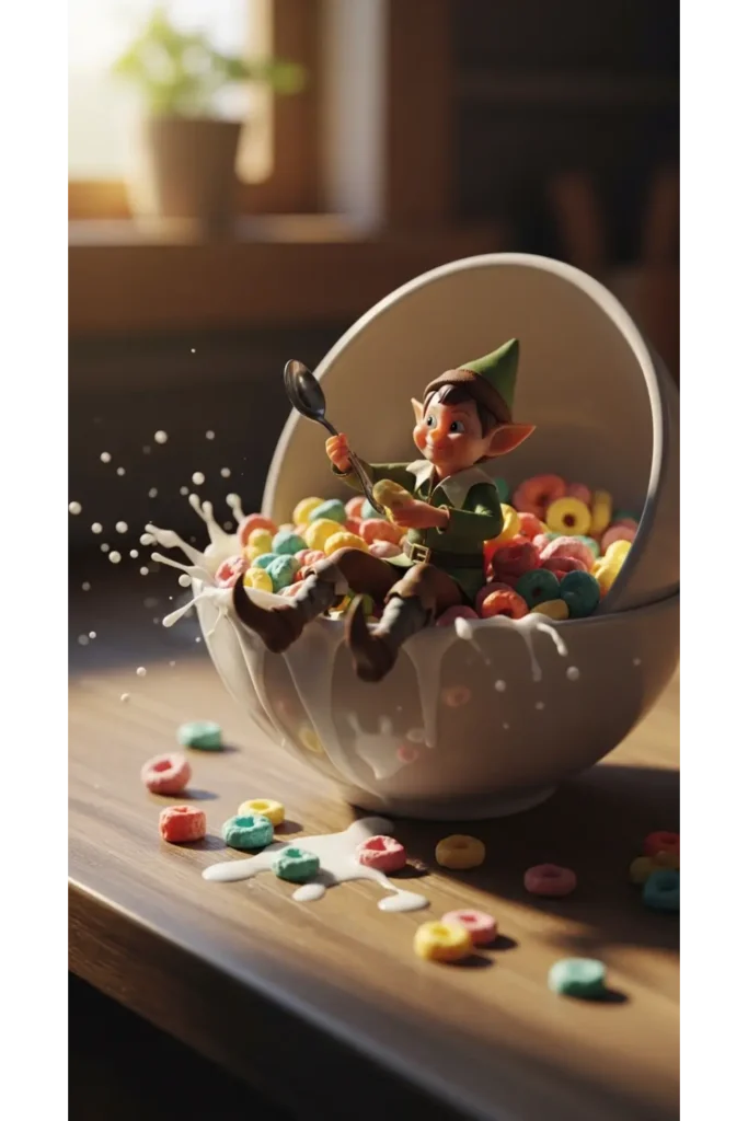 25 Funny Elf on the Shelf Ideas for Busy Parents 7 Cereal Spill Chaos
