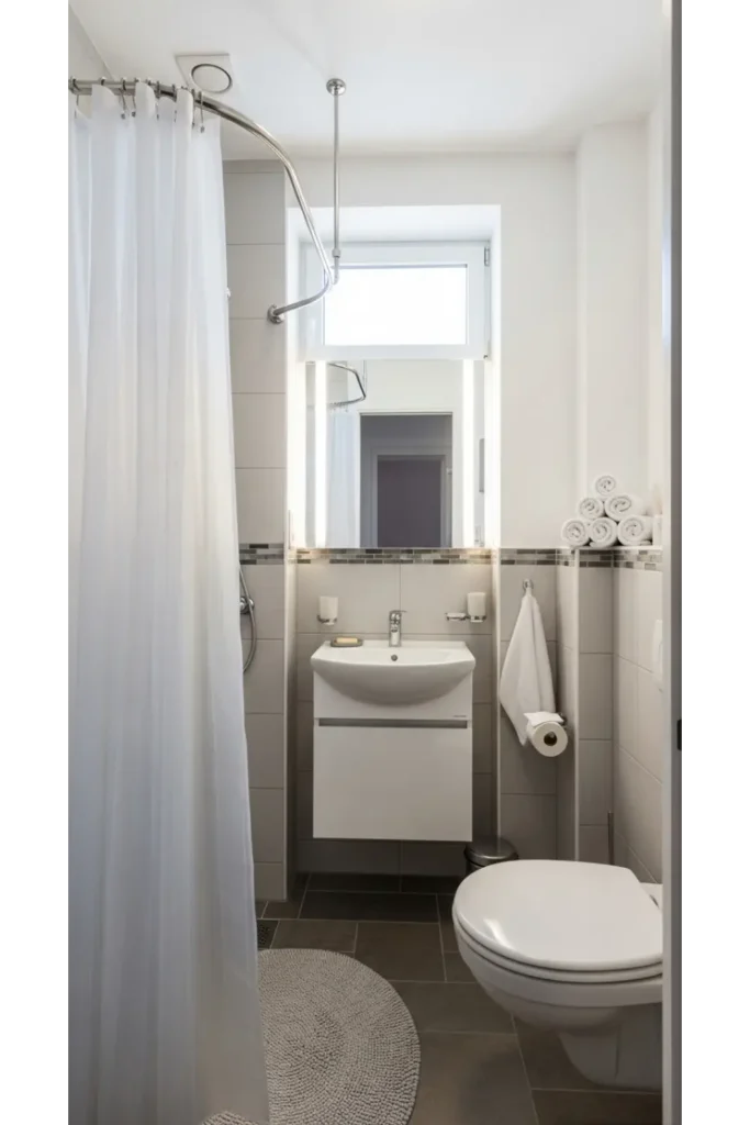 23 Tiny Bathroom Ideas to Make Your Space Look Bigger 18 Choose a Curved Shower Rod