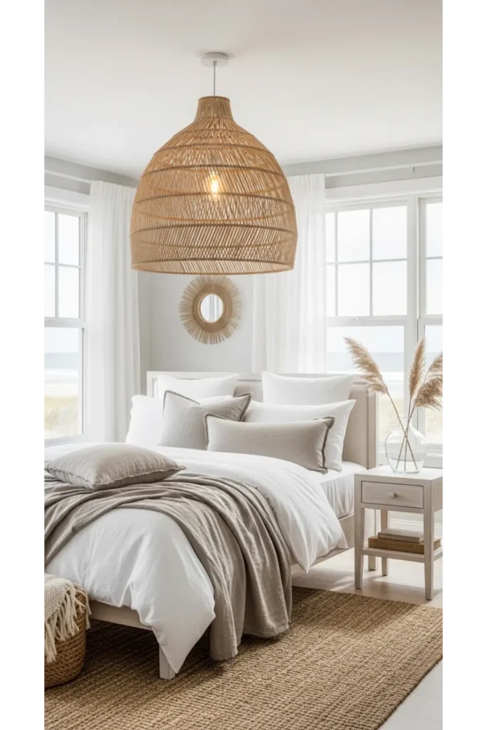 Coastal Bedroom With Woven Lighting