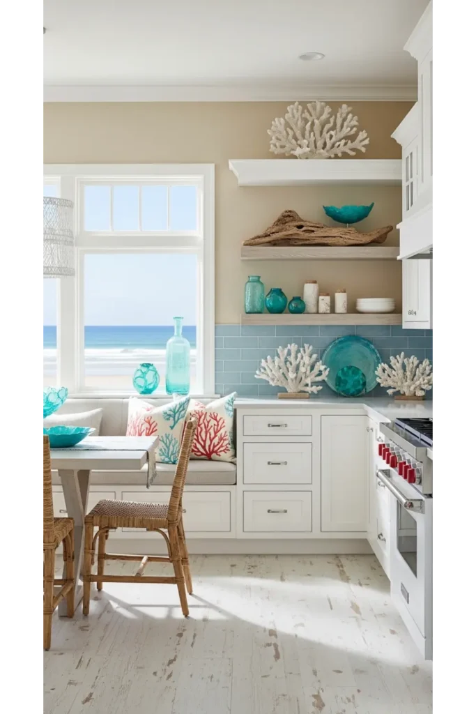 21 Coastal Kitchen Ideas to Make Your Home Feel Beachy 18 Coastal Kitchen With Coral Decor