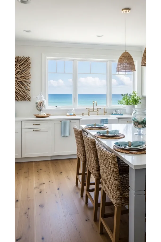 21 Coastal Kitchen Ideas to Make Your Home Feel Beachy 8 Coastal Kitchen With Large Windows