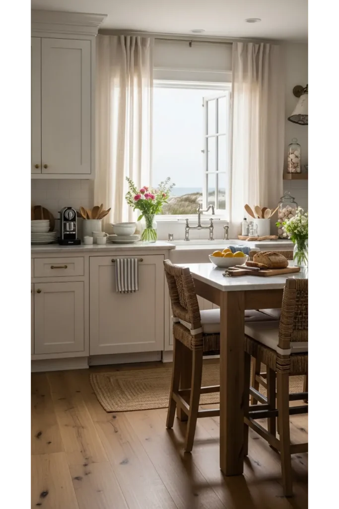 21 Coastal Kitchen Ideas to Make Your Home Feel Beachy 20 Coastal Kitchen With Linen Curtains