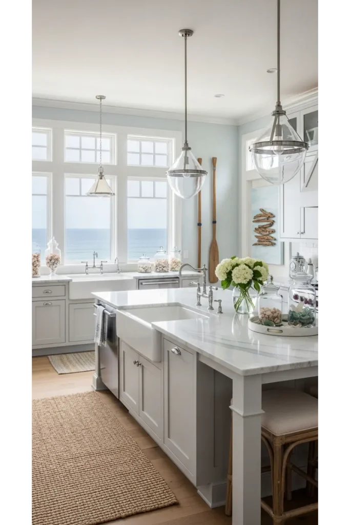 21 Coastal Kitchen Ideas to Make Your Home Feel Beachy 11 Coastal Kitchen With Marble Countertops