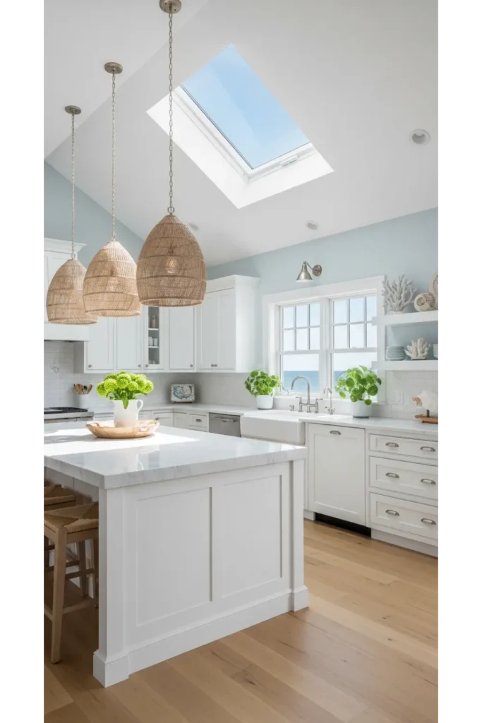 21 Coastal Kitchen Ideas to Make Your Home Feel Beachy 19 Coastal Kitchen With Skylight