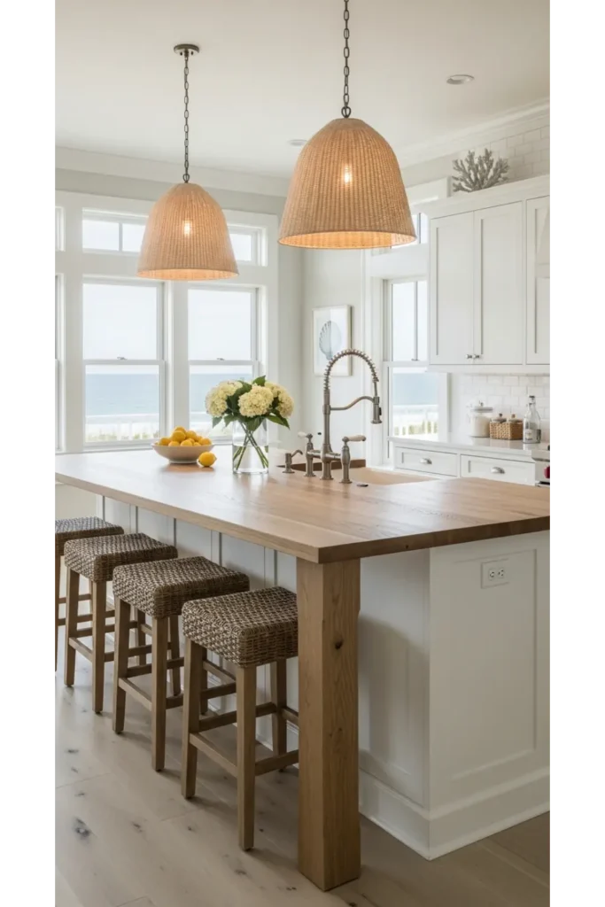 21 Coastal Kitchen Ideas to Make Your Home Feel Beachy 14 Coastal Kitchen With Woven Bar Stools