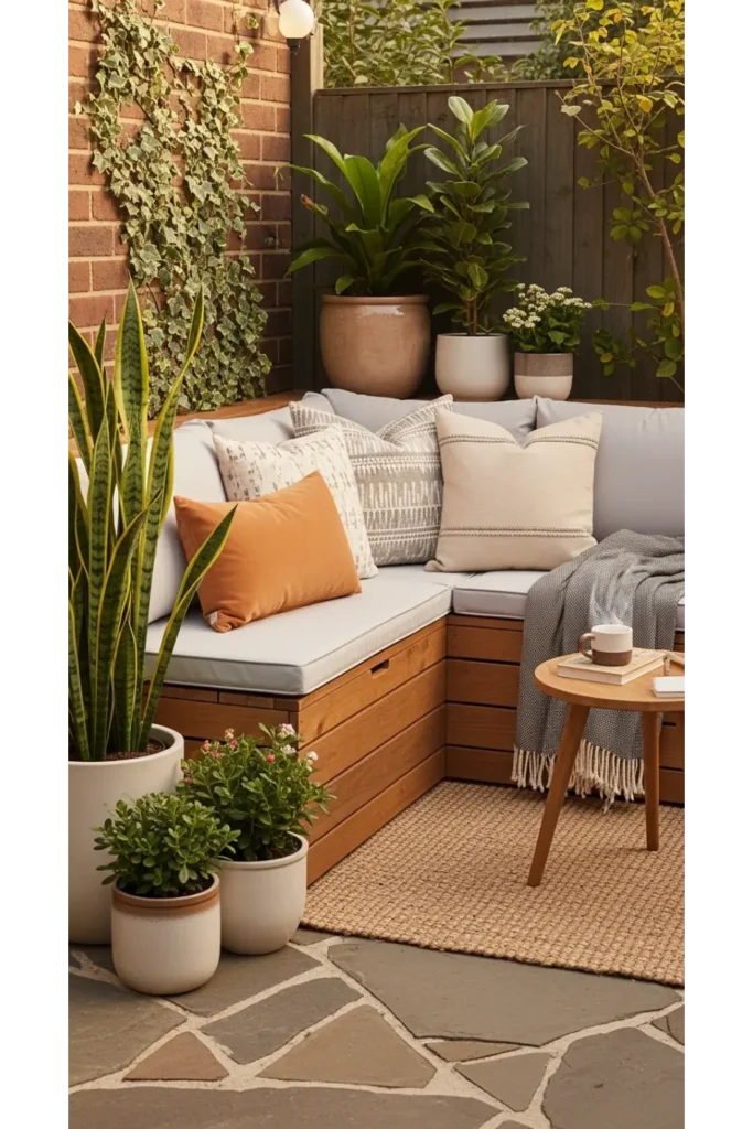 Patio Interior Ideas 20: Cozy, Budget-Friendly Style 3 Compact Lounge Corner with Multifunction Seating