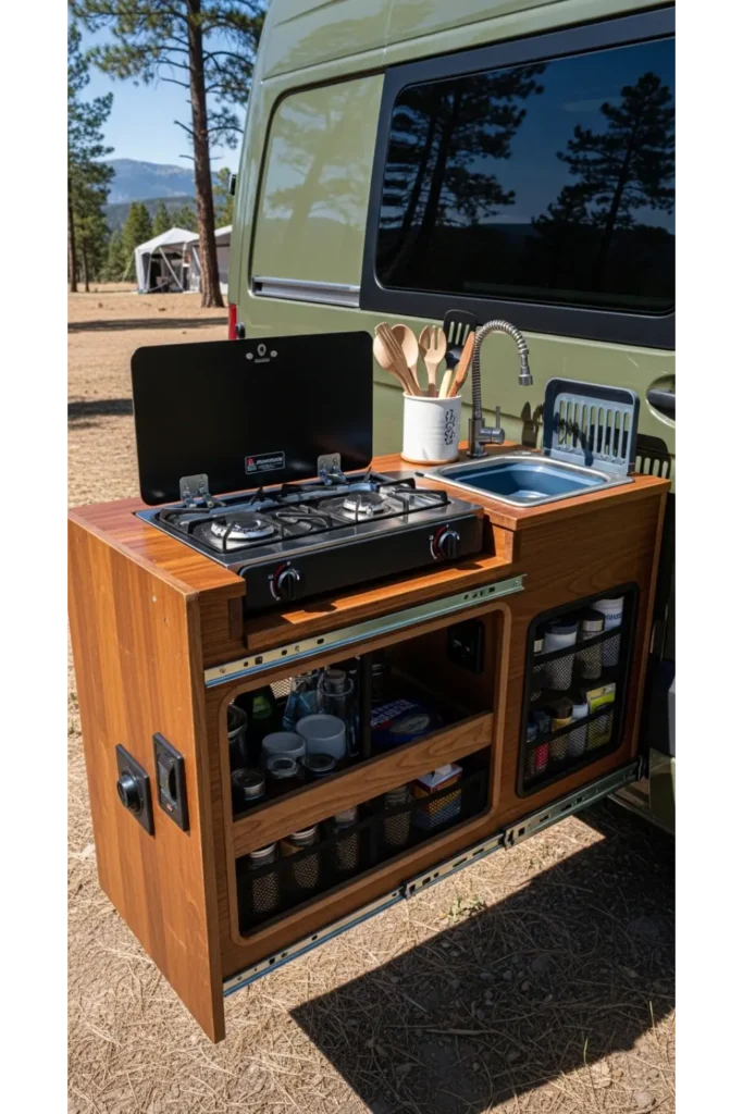 Campervan Interior 23: Max Space & Cozy Travel 4 Compact Slide Out Kitchen