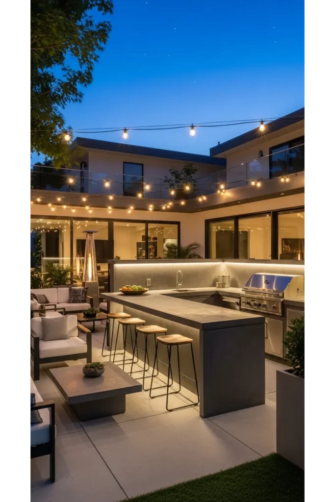 Concrete Outdoor Kitchen With Bar Seating