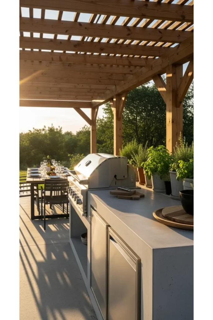 Concrete Outdoor Kitchen With Pergola Cover