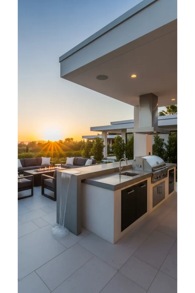 Concrete Outdoor Kitchen With Waterfall Countertop