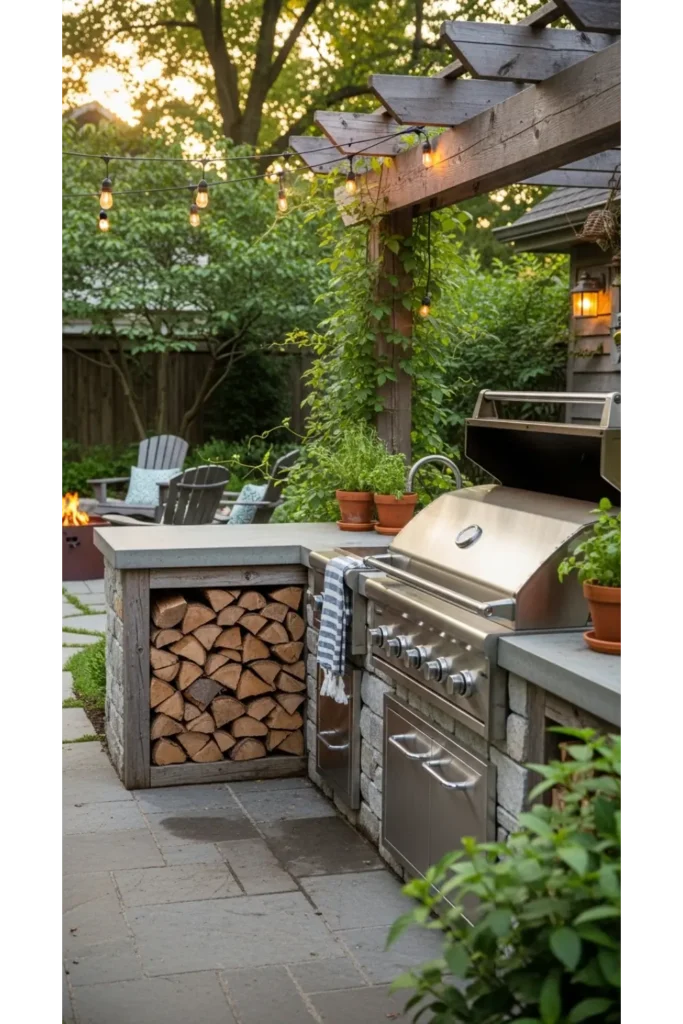 Concrete Outdoor Kitchen With Wood Storage