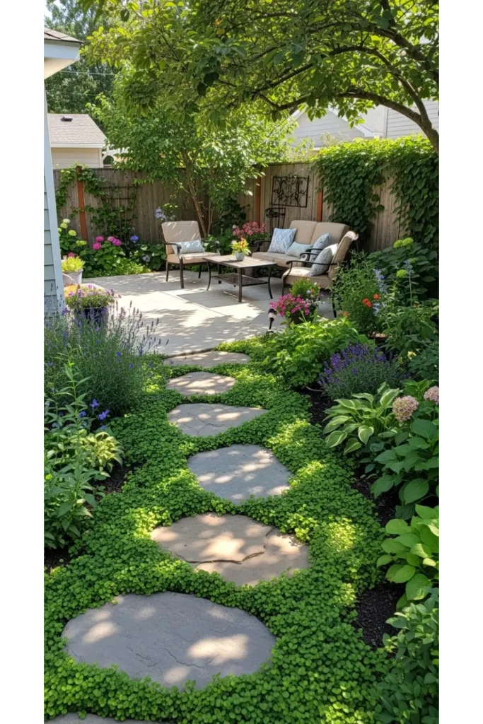 23 Concrete Backyard Patio Designs To Copy 19 Concrete Patio With Garden Path Connection