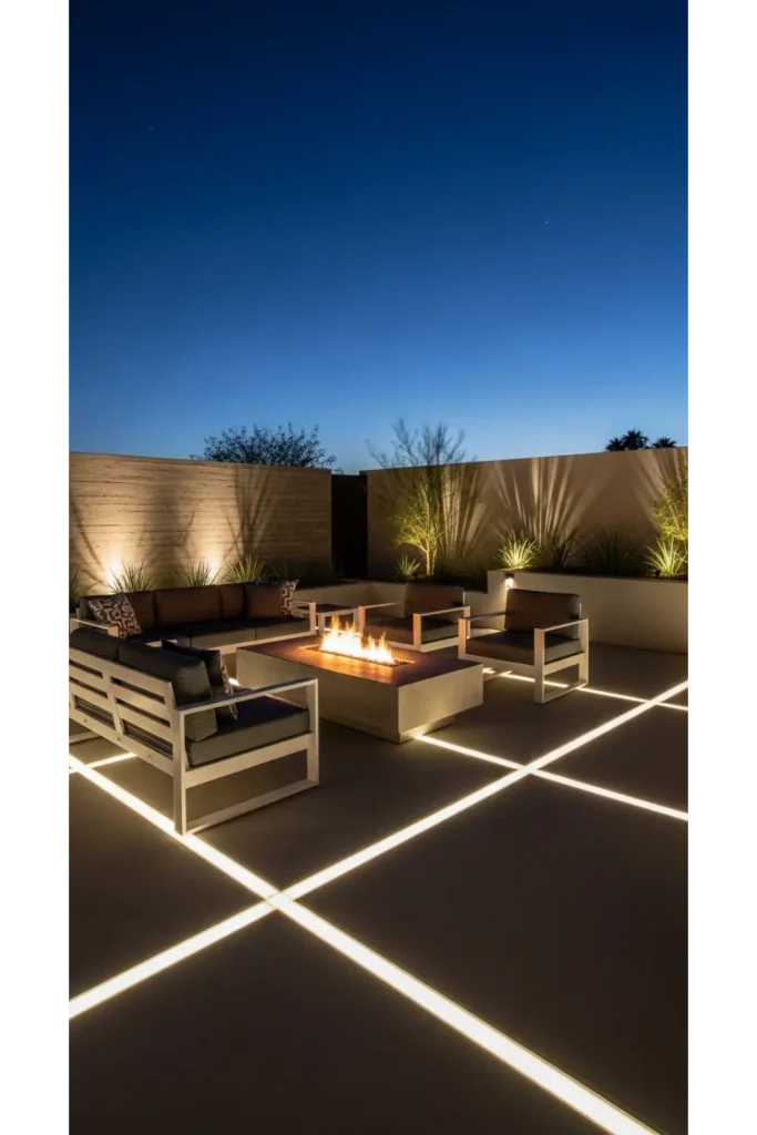 23 Concrete Backyard Patio Designs To Copy 22 Concrete Patio With Lighting Accents
