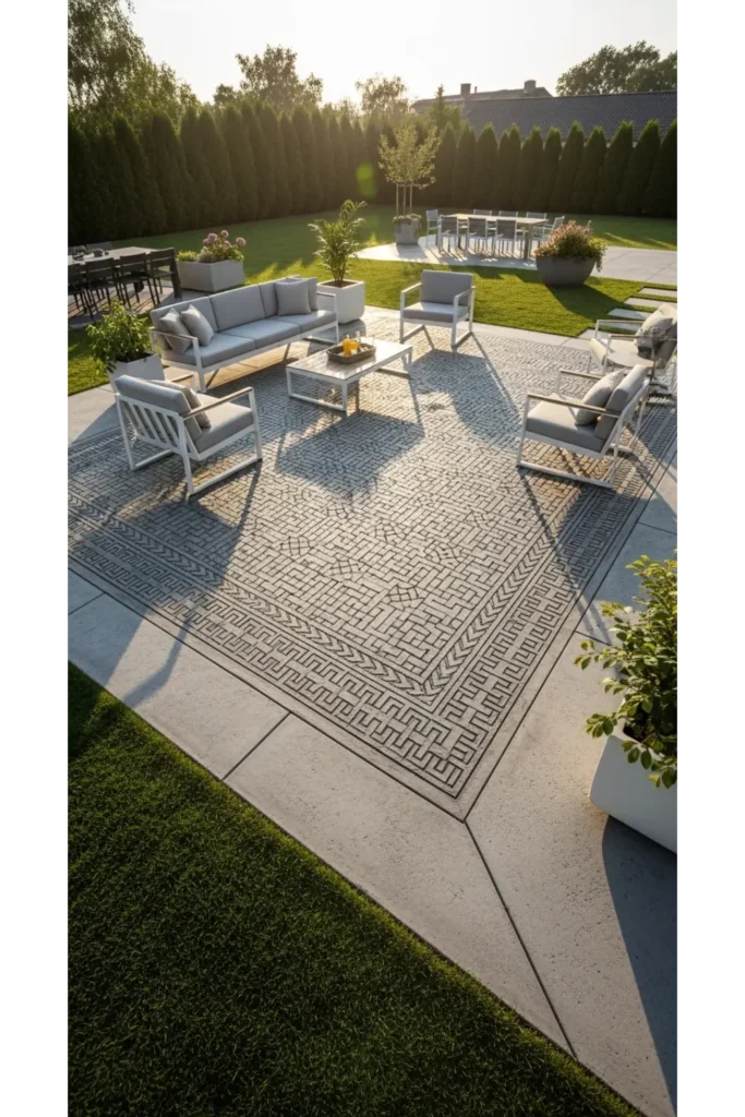 23 Concrete Backyard Patio Designs To Copy 16 Concrete Patio With Outdoor Rug Style Pattern