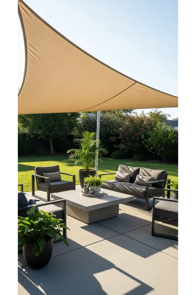 23 Concrete Backyard Patio Designs To Copy 18 Concrete Patio With Shade Sail