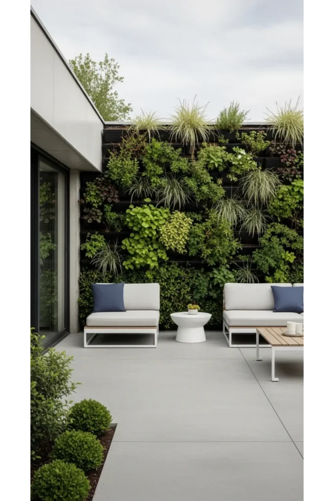 23 Concrete Backyard Patio Designs To Copy 23 Concrete Patio With Vertical Garden Wall