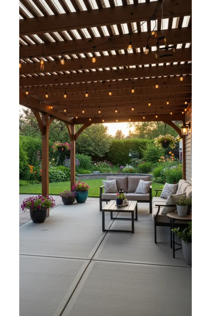 23 Concrete Backyard Patio Designs To Copy 5 Concrete Patio With Wooden Pergola