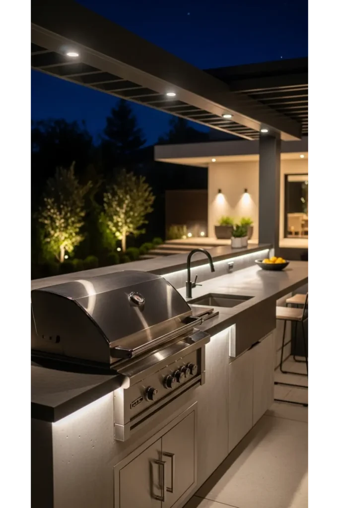 Contemporary Concrete Outdoor Kitchen With Lighting