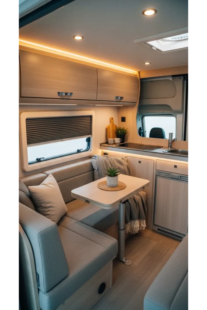 Campervan Interior 23: Max Space & Cozy Travel 2 Convertible Bed and Lounge Design