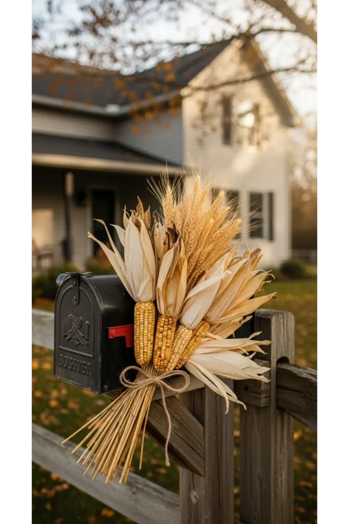Fall Mailbox Decor Ideas For Cozy Curb Appeal 23 5 Corn Husk and Wheat Bundle Display