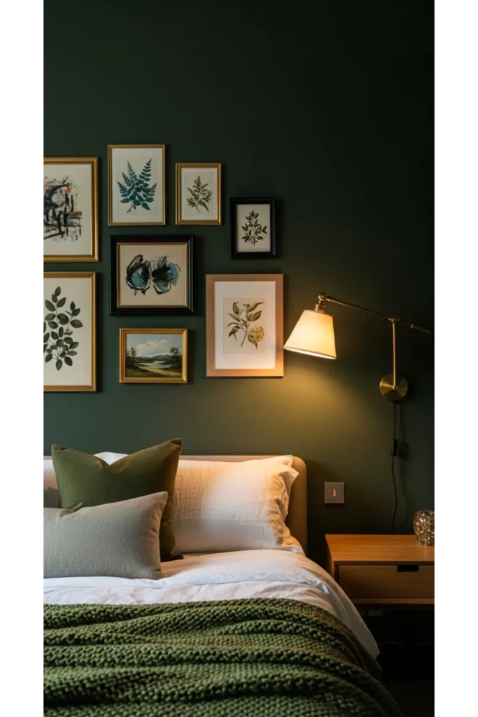 Dark Green Moody Bedroom: 23 Cozy Luxe Ideas 9 Curated Art Wall for a Moody Green Bedroom