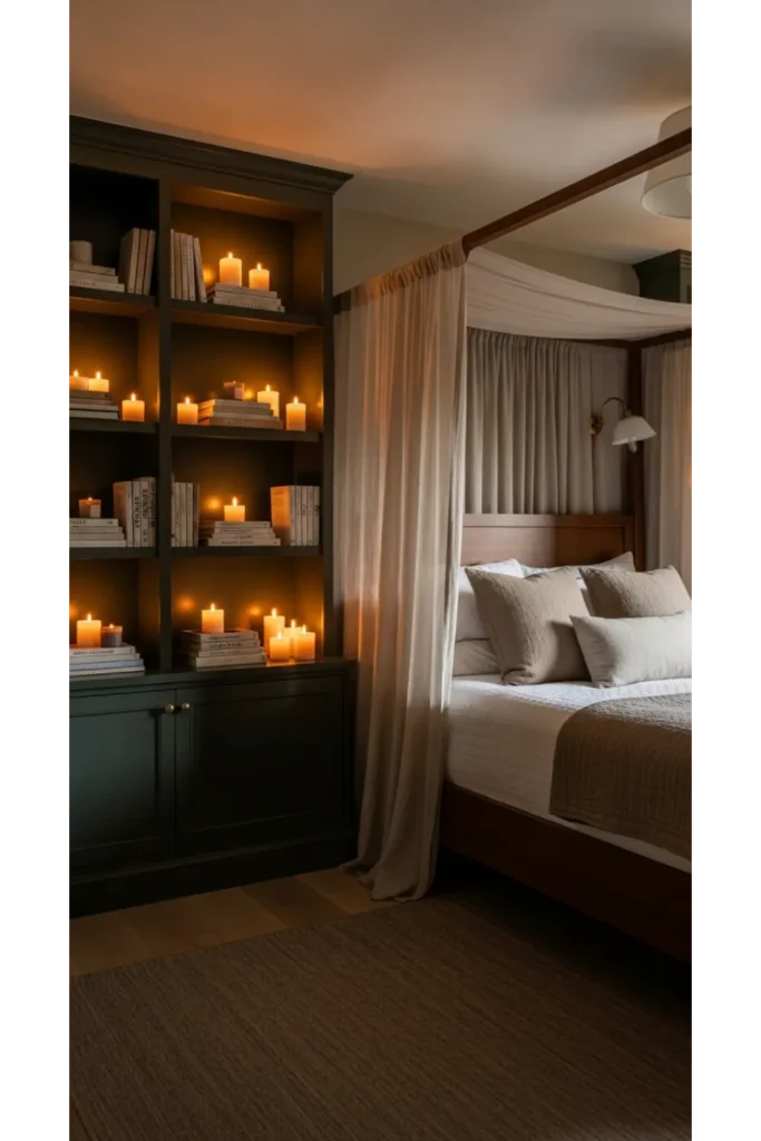 Dark Green Moody Bedroom: 23 Cozy Luxe Ideas 16 Dark Green Built In Shelves