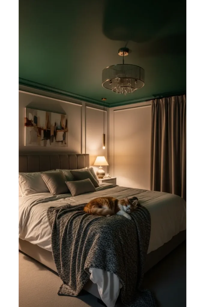 Dark Green Moody Bedroom: 23 Cozy Luxe Ideas 12 Dark Green Ceiling