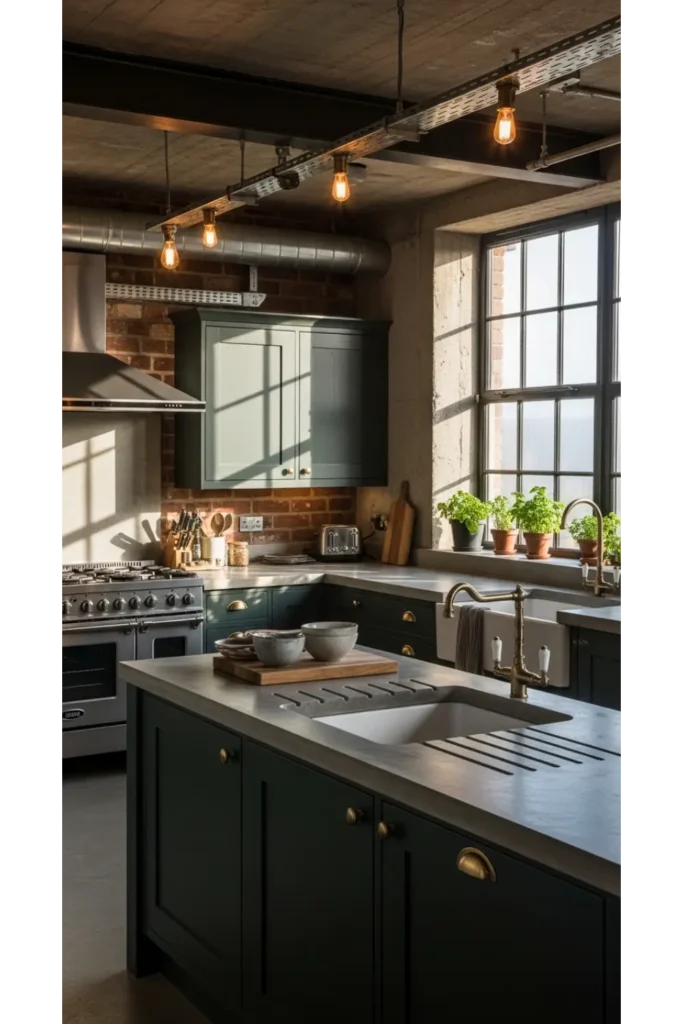 Dark Green Industrial Kitchen Cabinets