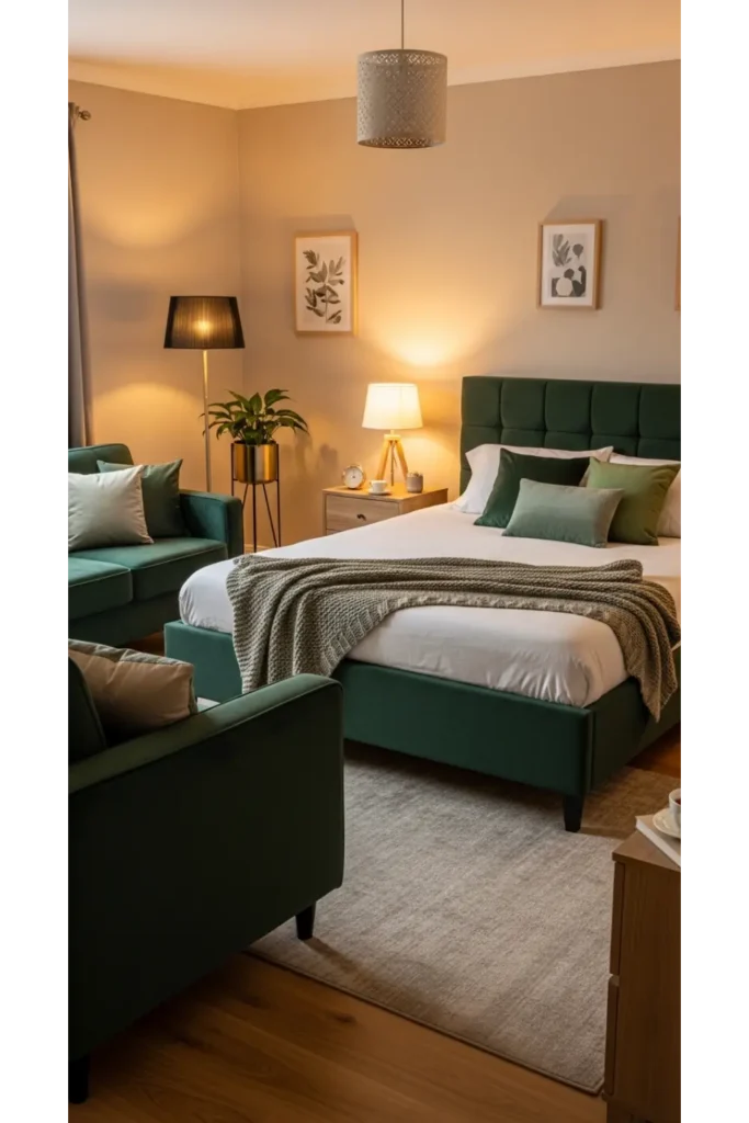 Dark Green Moody Bedroom: 23 Cozy Luxe Ideas 22 Dark Green Upholstered Bed