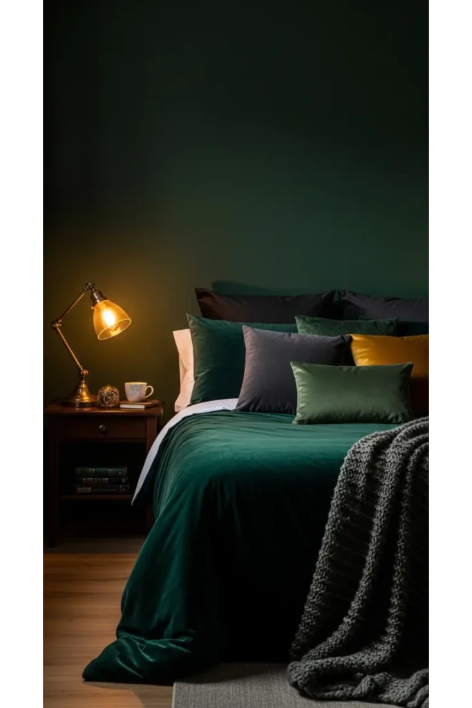 Dark Green Moody Bedroom: 23 Cozy Luxe Ideas 2 Deep Forest Accent Wall