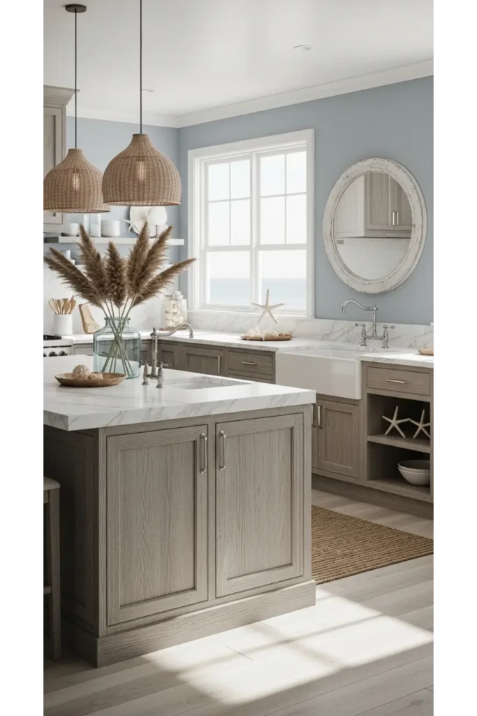 21 Coastal Kitchen Ideas to Make Your Home Feel Beachy 3 Driftwood Inspired Cabinet Finishes