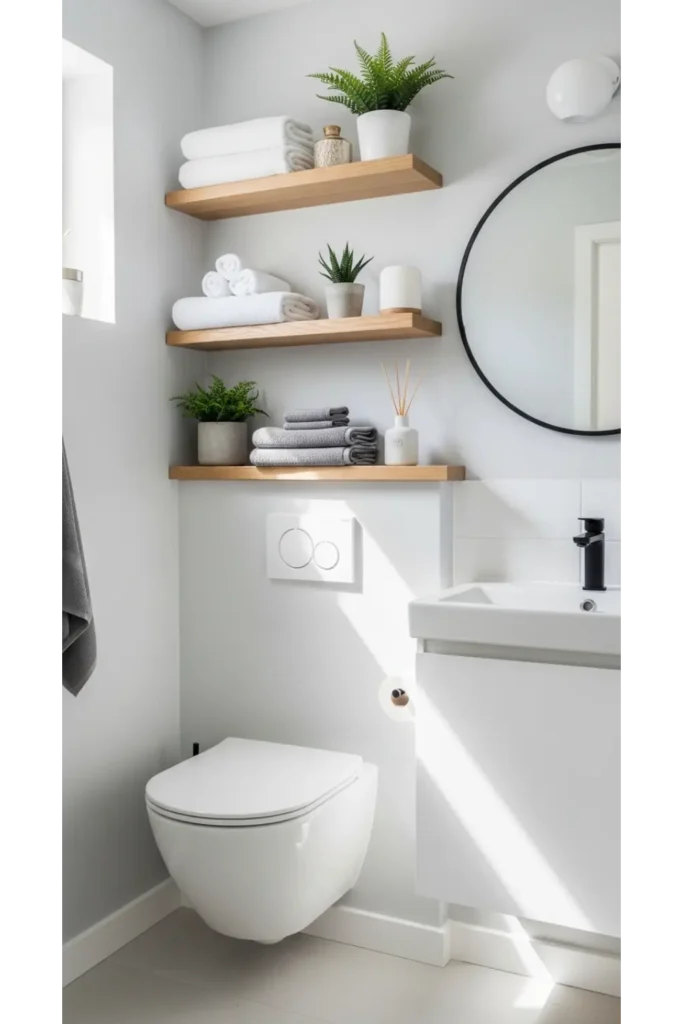 23 Tiny Bathroom Storage Ideas to Maximize Space 2 Floating Shelves Above the Toilet