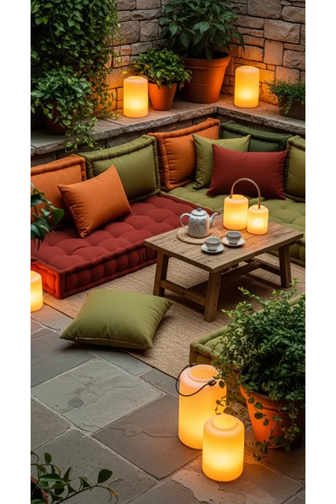 Patio Interior Ideas 20: Cozy, Budget-Friendly Style 10 Floor Cushion Tea Corner for Relaxed Patio Interior