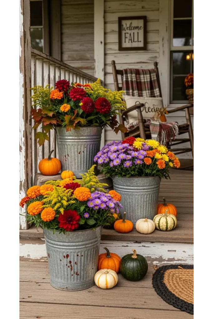 23 farmhouse fall decor ideas for cozy homes 15 Galvanized Metal Fall Planters