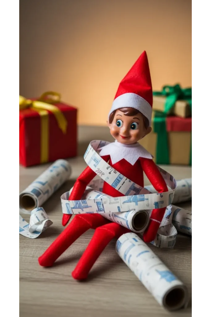 25 Funny Elf on the Shelf Ideas for Busy Parents 15 Gift Wrap Trouble