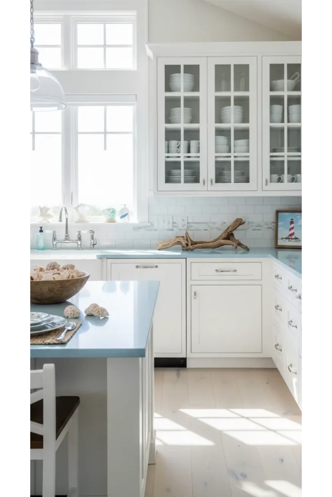21 Coastal Kitchen Ideas to Make Your Home Feel Beachy 10 Glass Cabinet Doors for an Airy Look