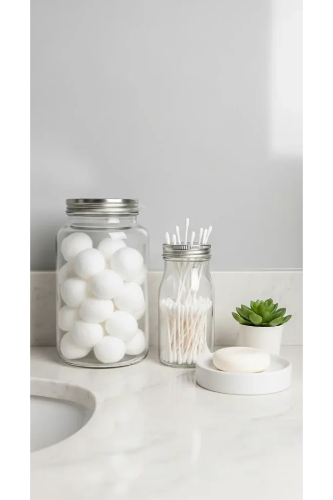 23 Tiny Bathroom Storage Ideas to Maximize Space 16 Glass Jar Counter Storage