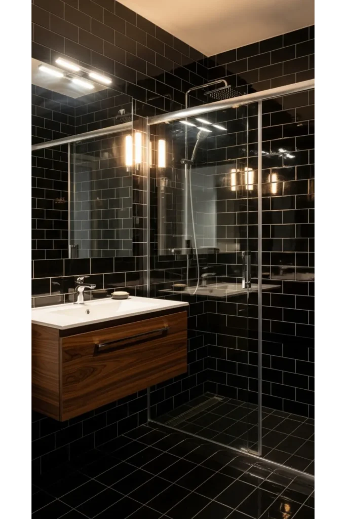 21+ Small All Black Bathroom Ideas That Look Luxurious 4 Glossy Black Tile Drama
