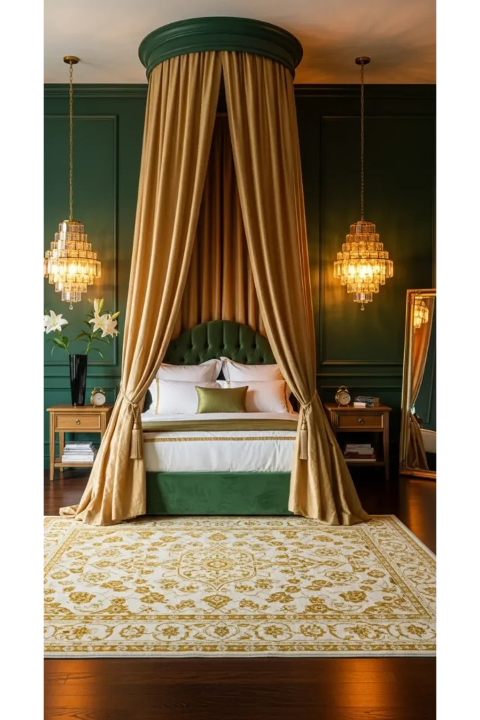 Dark Green Moody Bedroom: 23 Cozy Luxe Ideas 7 Gold Accent Lighting