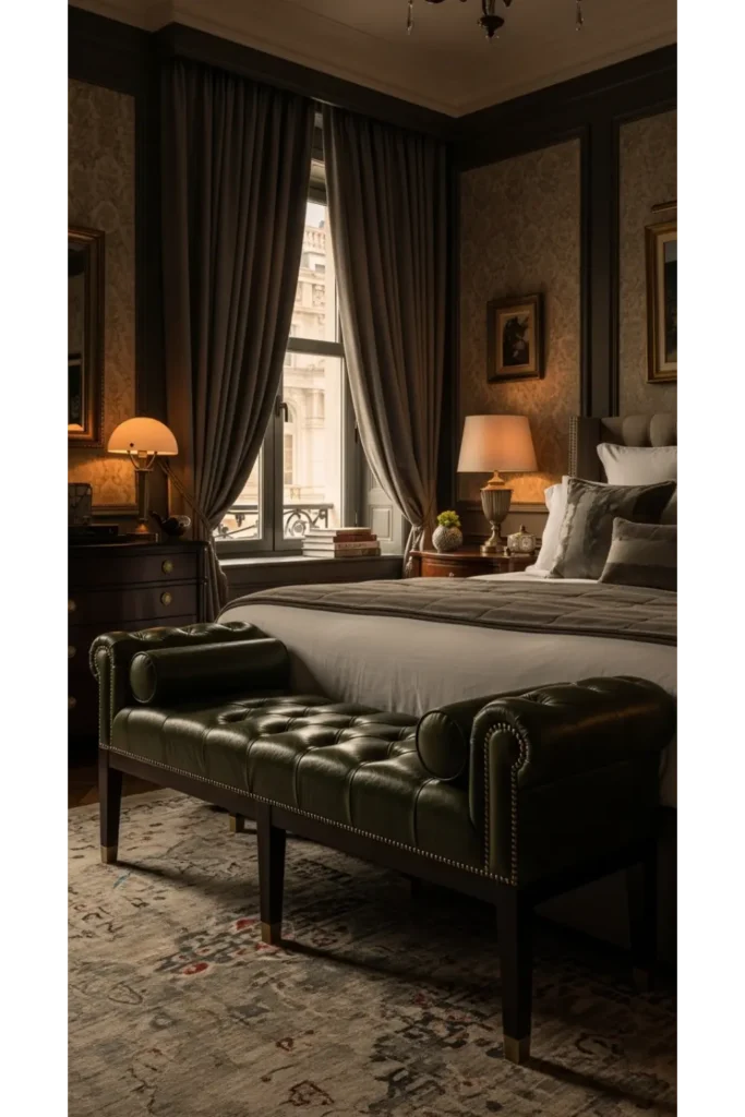 Dark Green Moody Bedroom: 23 Cozy Luxe Ideas 18 Green Leather Bench