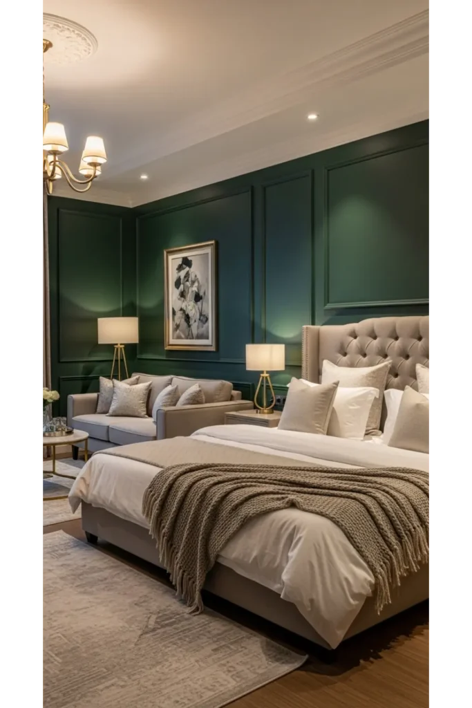 Dark Green Moody Bedroom: 23 Cozy Luxe Ideas 14 Green Wall Paneling