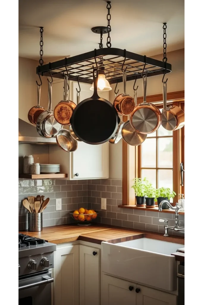 23 Small Kitchen Organization Ideas to Save Space 8 Hang Pots and Pans