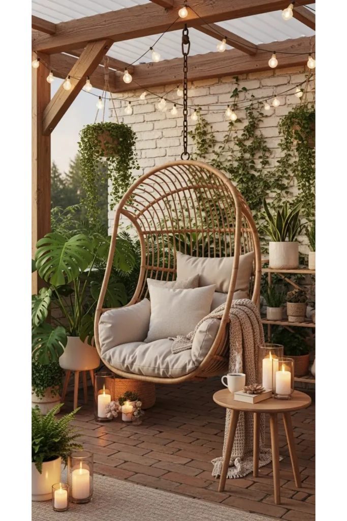 Patio Interior Ideas 20: Cozy, Budget-Friendly Style 16 Hanging Chair Relaxation Spot