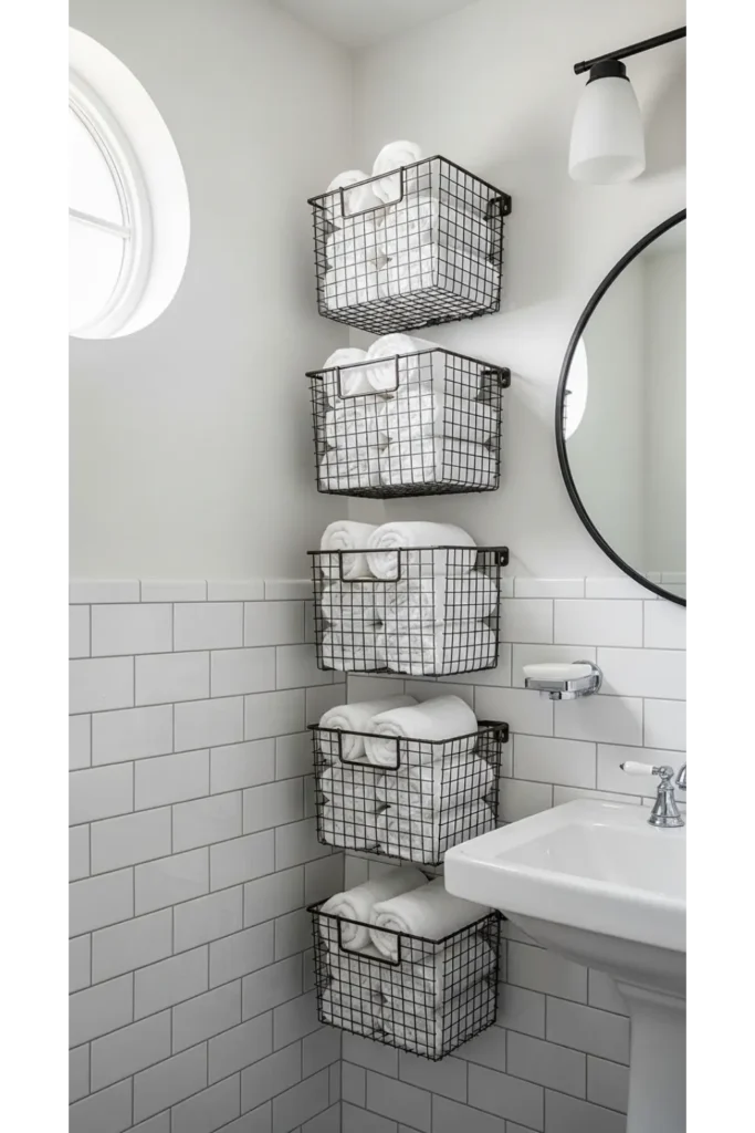 23 Tiny Bathroom Storage Ideas to Maximize Space 14 Hanging Wall Baskets