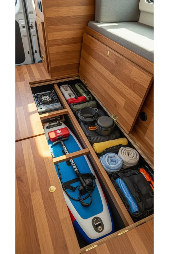 Campervan Interior 23: Max Space & Cozy Travel 6 Hidden Floor Storage Compartments