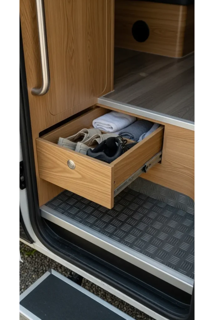 Campervan Interior 23: Max Space & Cozy Travel 19 Hidden Step Shoe Storage