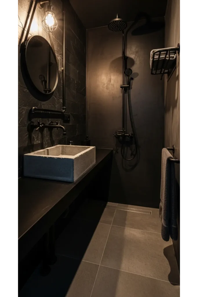 21+ Small All Black Bathroom Ideas That Look Luxurious 6 Industrial Black Bathroom
